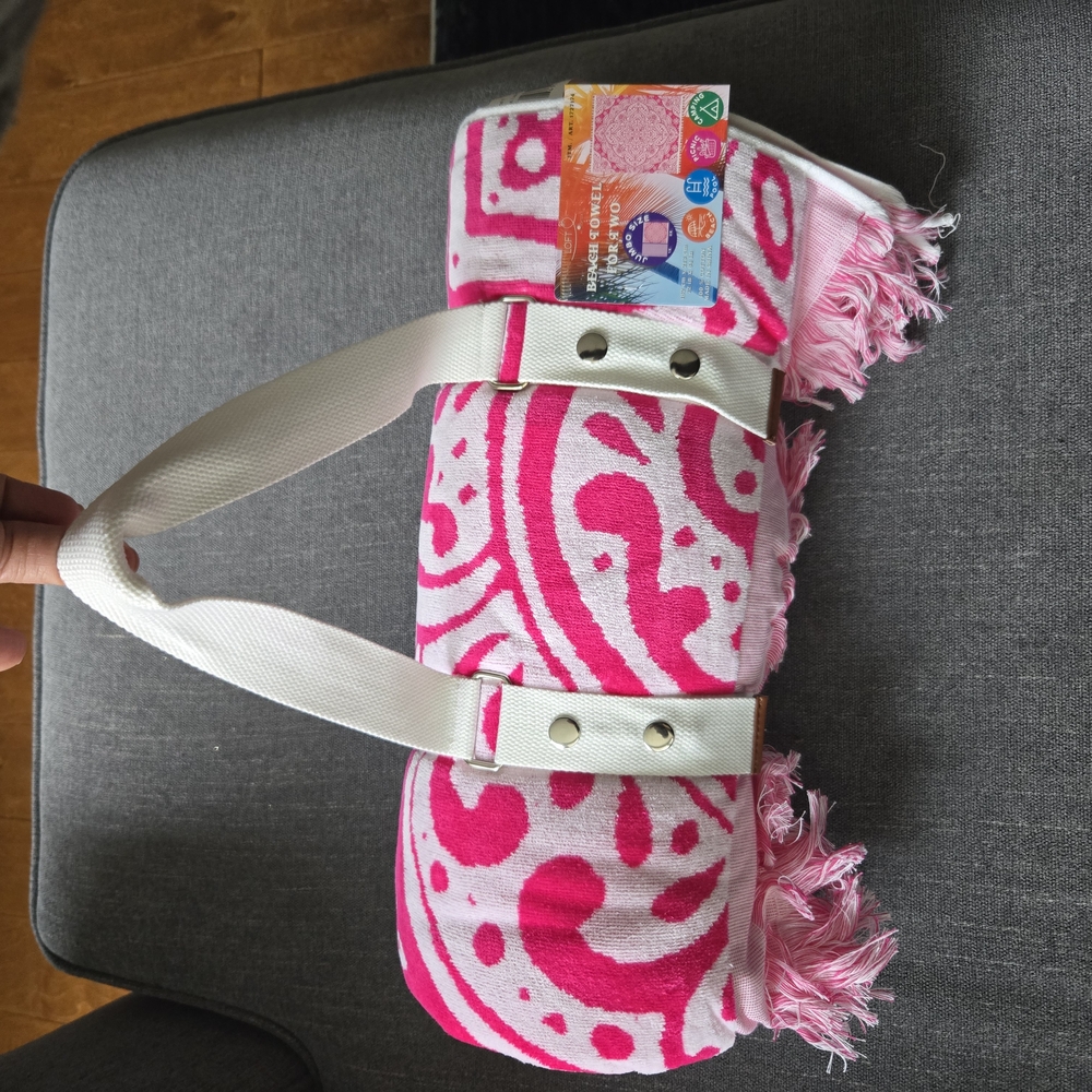 Pink Patterned Beach Towel with White Straps